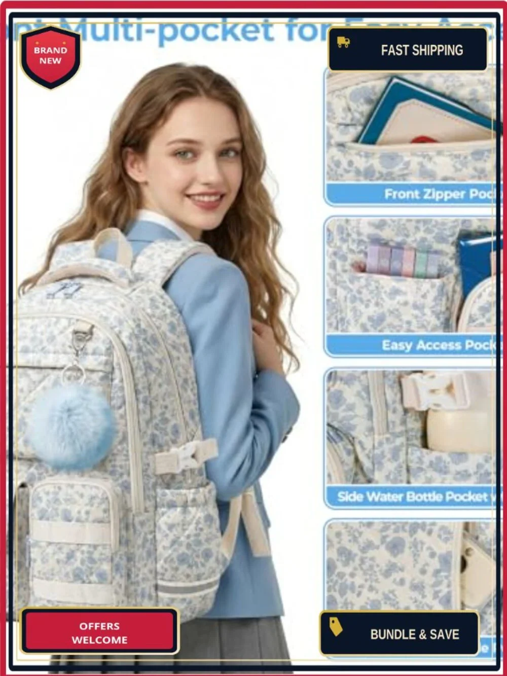 Quilted Cotton Backpack for Teen Girls, Floral School Bookbag, Fits 15.6